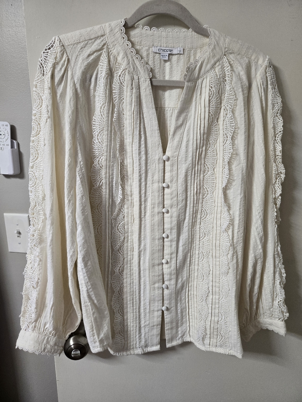 Chico's Cream Lace-Trim Button Front Peasant Blouse
